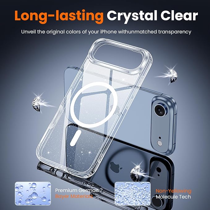 3 in 1 for iPhone Air Case Clear Glitter,Fits MagSafe, Not Yellowing, Screen Protector*1 Camera Lens Protector*1, Military-Grade Protection for Phone Cover 6.5 inch