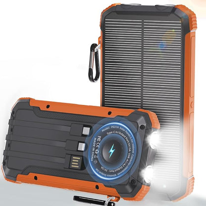 Solar Charger Power Bank 20000mAh, Wireless Fast Charging Battery Pack with 3 Built-in Cables & USB-C Input, Dual LED Flashlights, Portable Phone Charger for Camping, Travel & Emergency Use (Orange)