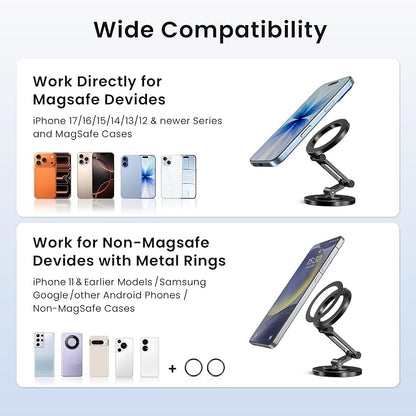Itramax 360° Rotation Magnetic Phone Stand,Foldable Portable iPhone Stand for Desk with Non-Slip Base,Dual-Sided Ring Smartphone Holder for iPhone 17 16 Plus 13 12 11,Pixel 9 8,Samsung,Office,Kitchen