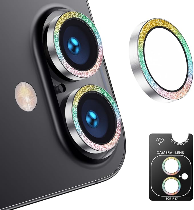 AFARER Lens Protector for iPhone 17/16/16Plus,Individual Metal 9H Tempered Glass Rear Camera Screen Cover,[Strong Adsorption] [Not Easy to Break][Does not Affect Night Shots] Case Friendly (Glitter Colorful)