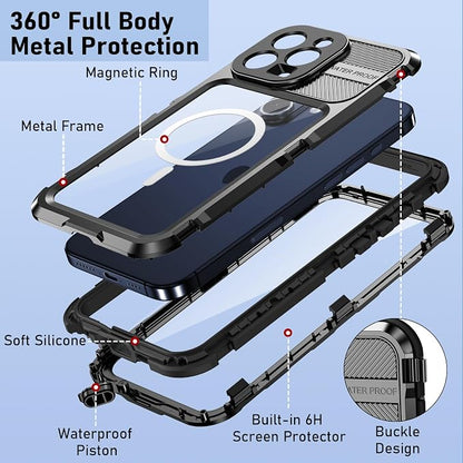 WIFORT for iPhone 16 Pro Waterproof Case - Metal Heavy Duty [Built-in Screen Protector] [14FT Military Shockproof] [Fit for MagSafe], IP68 Full Body Rugged Water Proof Magnetic Cover, 6.3" Black