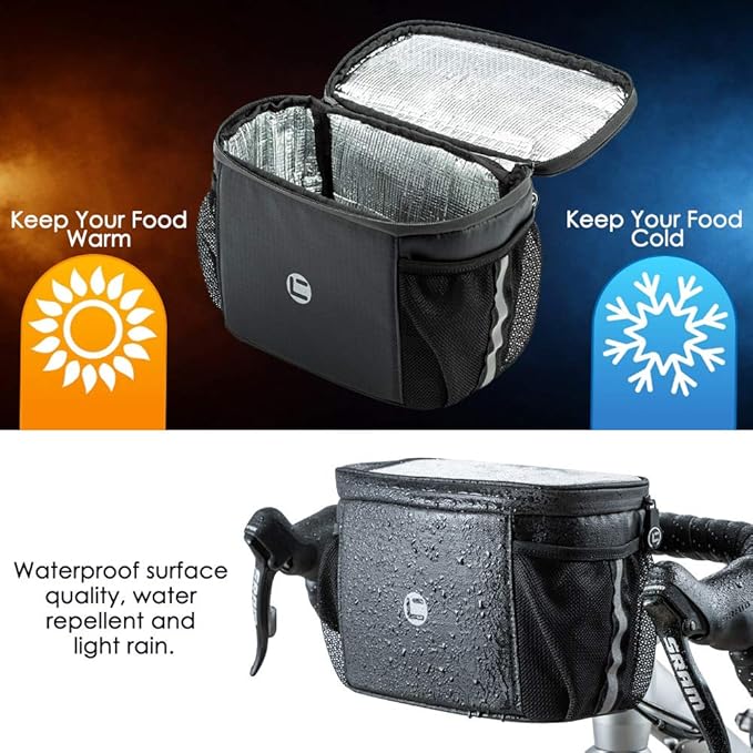 WOTOW Bike Handlebar Insulated Bag, Bike Front Phone Bag Cooler Storage Pouch With TPU Touch Screen Insulation Bicycle Frame Bag Strap On Cycling Accessories for Outdoor Hiking Travel Assistants