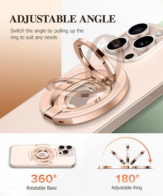 GVIEWIN Magnetic Phone Ring Holder, Compatible with MagSafe Phone Grip with Adjustable Stand, Magnet Phone Ring Kickstand for iPhone 17/16/15/14/13/12 Pro Max Plus Air/Other Phones (Clear/Orange)