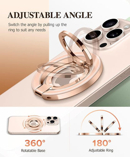 GVIEWIN Magnetic Phone Ring Holder, Compatible with MagSafe Phone Grip with Adjustable Stand, Magnet Phone Ring Kickstand for iPhone 17/16/15/14/13/12 Pro Max Plus Air/Other Phones (Clear/Orange)