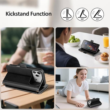 Antsturdy Compatible with Magsafe Magnetic 2 in 1 Detachable iPhone 17 Pro Wallet Case with Credit Card Holder Slots,PU Leather RFID Blocking Phone Cover Wrist Strap Zipper Women Men,Black