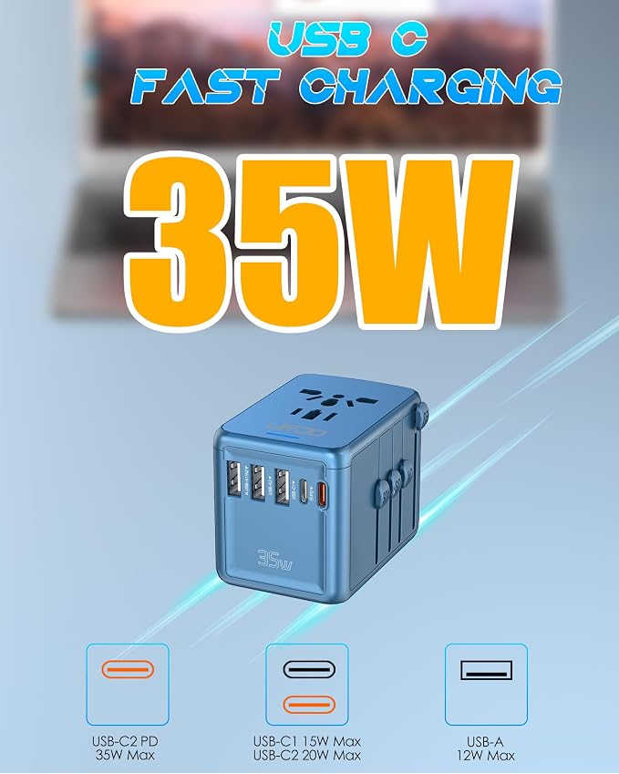 Universal Travel Adapter, 35W PD Fast Charging for Europe UK US Japan | 2 USB C 3 USB A & 2500W AC Outlet, International Power Adapter for 200+ Countries, Compatible for iPhone, MacBook, Tablet