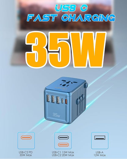 Universal Travel Adapter, 35W PD Fast Charging for Europe UK US Japan | 2 USB C 3 USB A & 2500W AC Outlet, International Power Adapter for 200+ Countries, Compatible for iPhone, MacBook, Tablet
