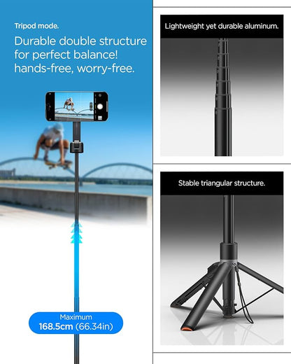 Spigen Selfie Stick Automatic Tripod Stand with Bluetooth Remote Control Shutter 57" Extendable Compatible with MagSafe iPhone 17/16/15/14/13/12 Pixelsnap Pixel 10 Series & More - Black (S581W)