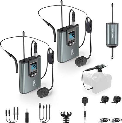 ttstar Wireless Microphone System Headset/Stand/Lavalier Mic with Rechargeable Bodypack Transmitter Receiver for PA Speaker, Camera, Recording, Teaching, Church (2T1R-Steel)