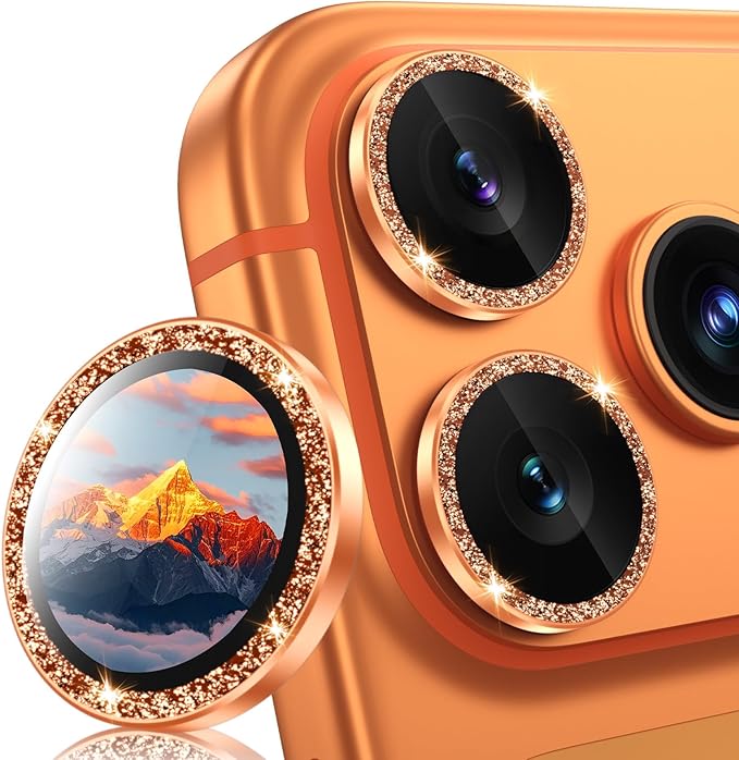 PandaShield 2-Pack Anti-Reflection Camera Lens Protector for iPhone 17/16/15 Pro & Pro Max, Easy Installation,9H Hardness,98% Ultra Clarity,Maintains Original Lens Design–Glitter Orange