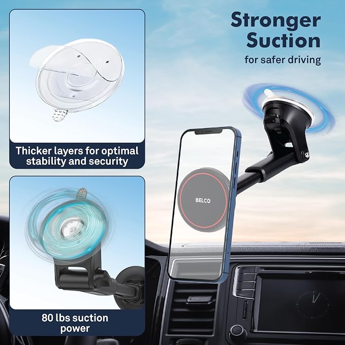 Magnetic Phone Holder for Car – Suction Cup Phone Mount with Adjustable Rotating Arm and Lock Mechanism for Dashboard, Windshield, Air Vent – Compatible with iPhone and Android