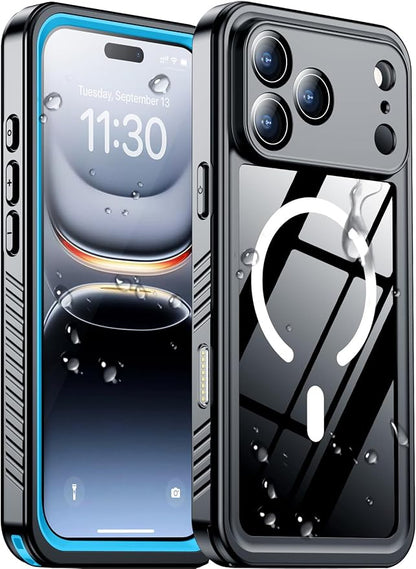 Temdan Magnetic Compatible with iPhone 17 Pro Case,Waterproof Built-in Screen & Camera Protector IP68 Underwater Full Body 17FT Military Dropproof Shockproof Phone Case 6.3"-Mag/Blue
