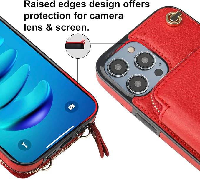 Bocasal Crossbody Wallet Case for iPhone 14 Pro Max, RFID Blocking Leather Purse Case with Card Holder, Protective Handbag Flip Cover with Zipper Wrist Strap Lanyard for Women 5G 6.7 Inch (Red)