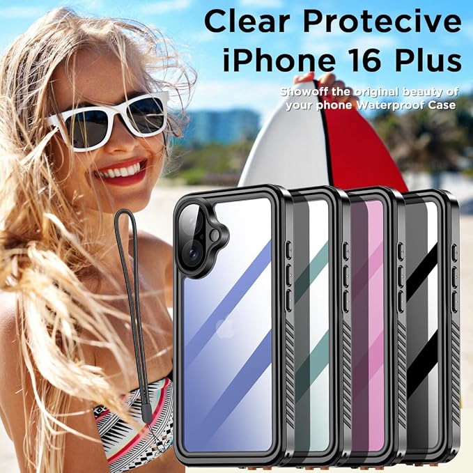 AICase Compatible with iPhone 16 Plus Case Waterproof, Clear Water Proof Built-in Screen Protector Shockproof Dustproof Snowproof Full Body Rugged Underwater Phone Case
