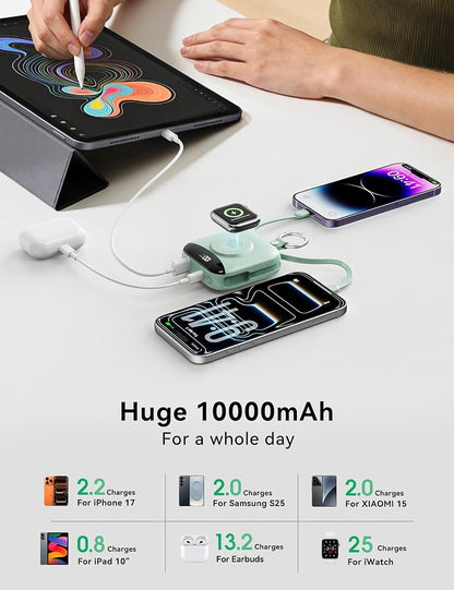 Portable Charger Power Bank, 10000mAh Fast Charging Power Bank with Built-in Cables, Travel Keychain Battery Pack with LED Display for iPhone Samsung Android iPad iWatch Charger 11/10/9/8/Ultra,Green