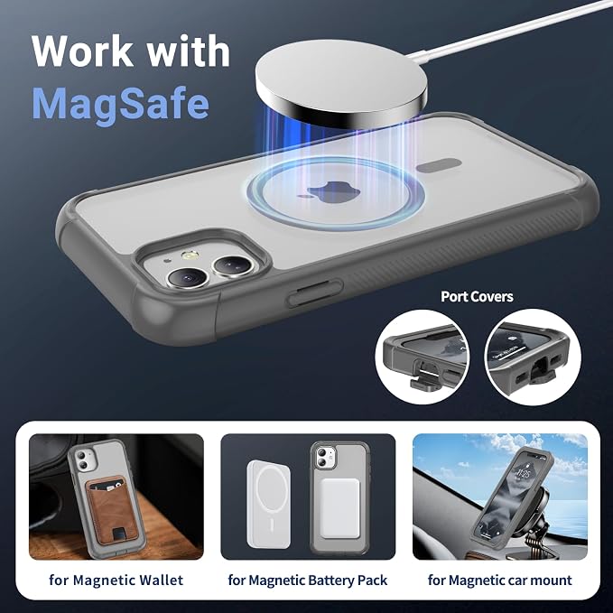 jaroco Magnetic for iPhone 11 Case, [Compatible with MagSafe][Military Grade Drop Protection][Heavy Duty Protection][Non-Slip][Shockproof] 2-Layer Durable Bumper Phone Case 6.1''-Gray