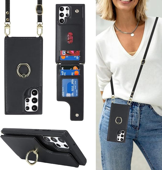 Lipvina for Samsung Galaxy S22 Ultra Case with Card Holder and Strap for Women,Crossbody Lanyard,RFID Blocking,Ring Stand,Snap Clasp,Phone Wallet Cases 6.8 inch(Black)