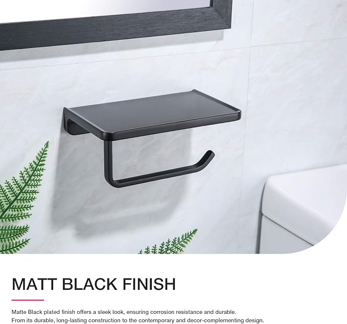 TRUSTMI Toilet Paper Holder with Phone Shelf Solid Metal Bathroom Hardware Accessories Tissue Roll Dispenser Storage Wall Mounted, Matte Black