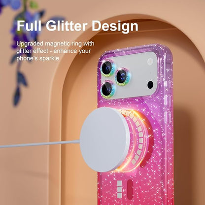 Choiche Magnetic for iPhone 17 Pro Max Case Compatible with MagSafe, Women Cute Glitter Sparkly Phone Case with Diamond Camera Lens Protectors, Military-Grade Drop Protection 6.9" (Purple/Pink)