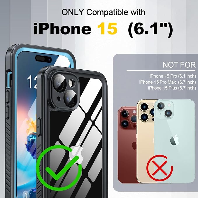 for iPhone 15 Case Waterproof - Built-in Privacy Screen Protector & HD Screen Protector [IP68 Underwater] Shockproof Dustproof Full Body Protection iPhone 15 Phone Case Blue