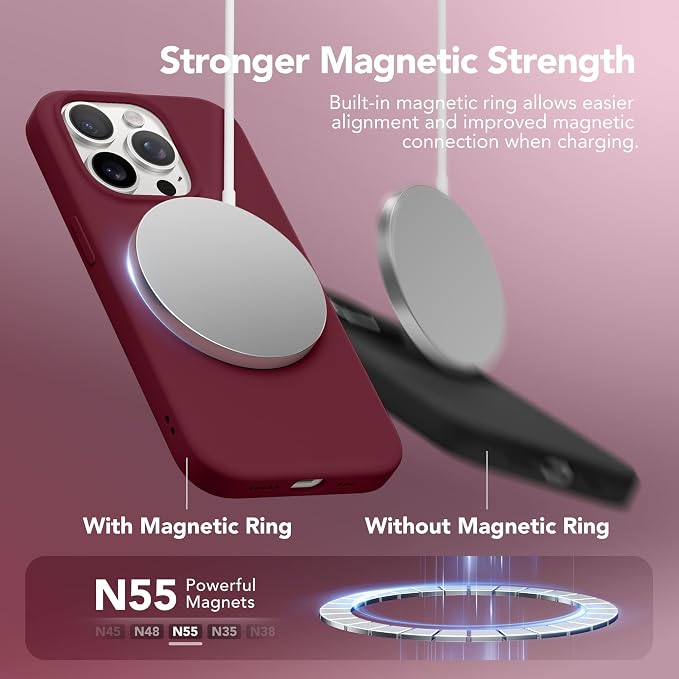 GONEZ Magnetic for iPhone 15 Pro Case, Compatible with MagSafe, [Screen Protector + Camera Lens Protector], Silicone Shockproof Anti-Scratch Protective Phone Case 6.1 inch, Maroon