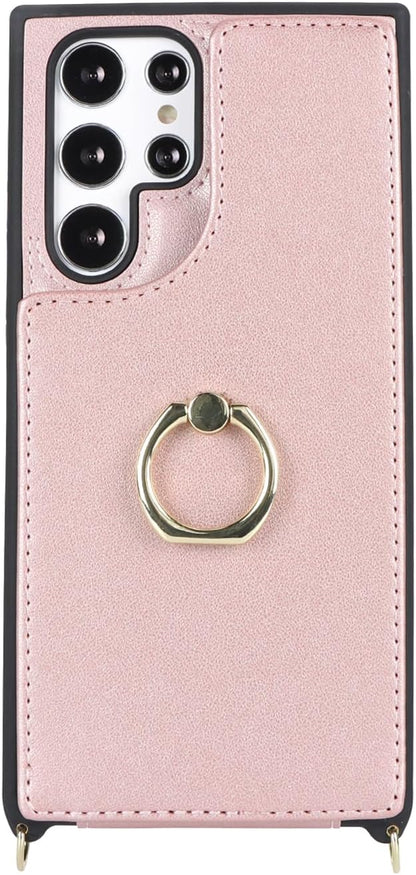 Lipvina for Samsung Galaxy S22 Ultra Case with Card Holder and Strap for Women,Crossbody Lanyard,RFID Blocking,Ring Stand,Snap Clasp,Phone Wallet Cases 6.8 inch(Rose Gold)