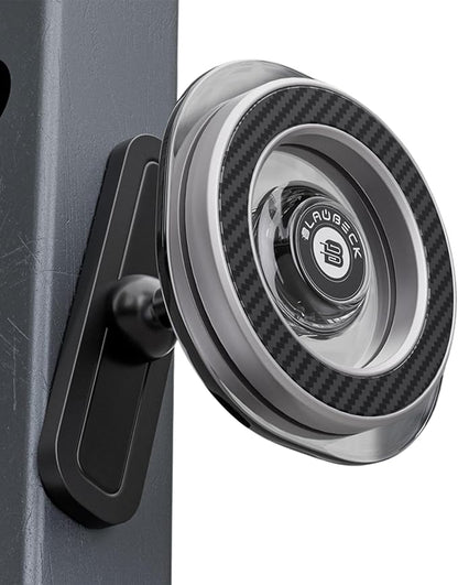 BLAUBECK Magnetic Gym Phone Holder for MagSafe & Android | Carbon Fiber Face + Transparent Acrylic Disc | Ball Joint 360° Mount for Squat Racks, Golf Carts & Metal Equipment | Metal Ring Included