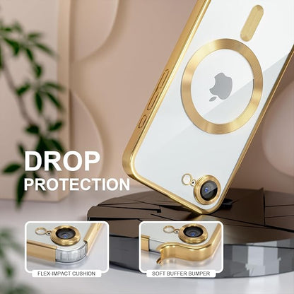 Misea Magnetic for iPhone 17e / 16e Case Compatible with MagSafe [Never Yellowing] [Military Grade Drop Protection] Full Camera Lens Protector Plating Soft Clear Phone Case for Women 6.1 inch, Gold