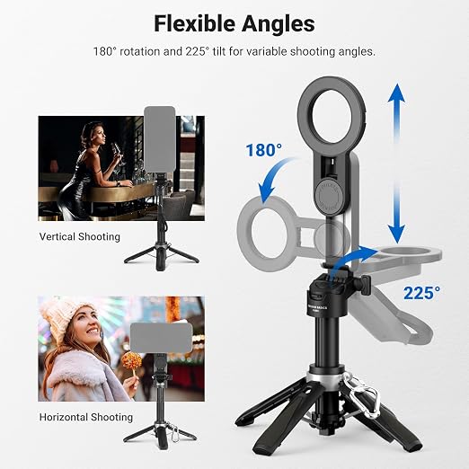 NEEWER BASICS Magnetic Selfie Stick Tripod Compatible with Magsafe iPhone Samsung Android, Portable Desk Cell Phone Stand Grip Holder Extendable with Detachable Remote for Video Recording, PA985 Black