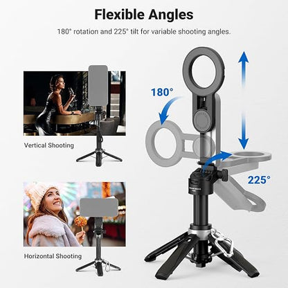 NEEWER BASICS Magnetic Selfie Stick Tripod Compatible with Magsafe iPhone Samsung Android, Portable Desk Cell Phone Stand Grip Holder Extendable with Detachable Remote for Video Recording, PA985 Black