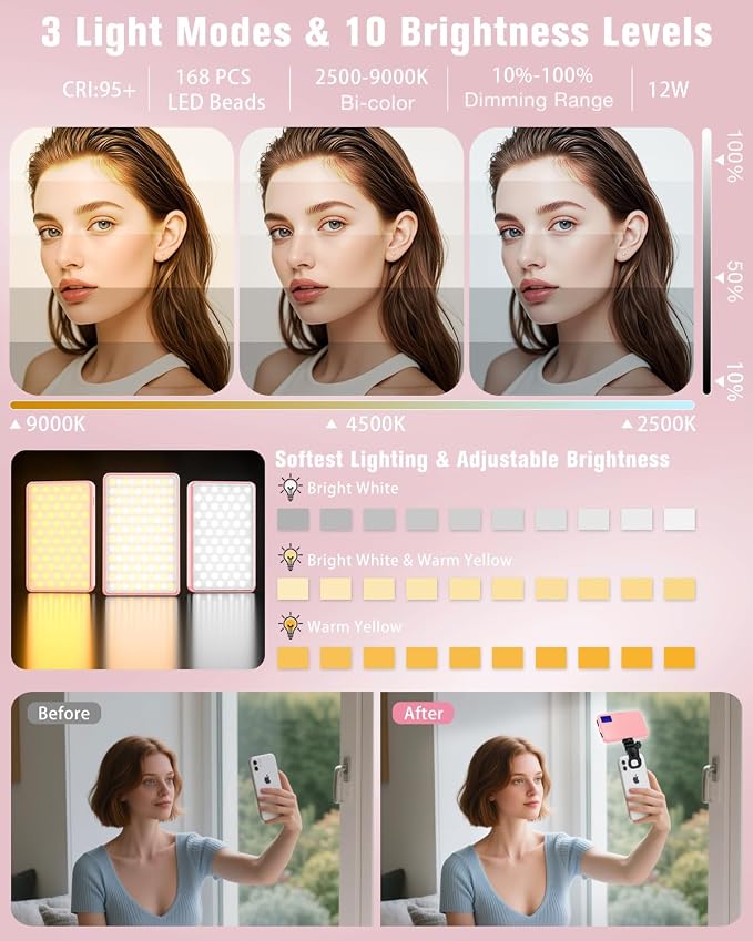 168 LED Selfie Light for iPhone, Phone Light, 3000mah Rechargeable Picture Light Clip Portable Lights for Phone, Camera, Laptop, iPad, 3 Lights Modes for Makeup, Video Conference, TikTok, Vlog (Pink)