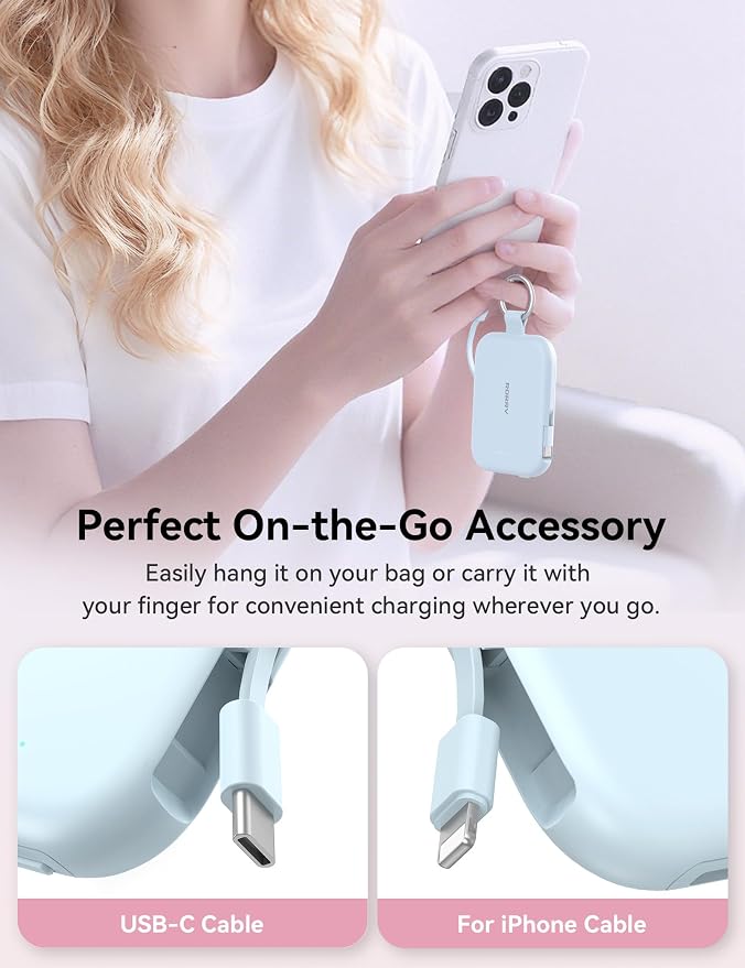 RORRY CharmGo Portable Charger, 5000mAh Portable Charger Power Bank with Built-in Cables, Travel Keychain Charger Battery Pack for iPhone 17/16/15/14/13/12, for AirPods 2/3/4/Pro, Blue