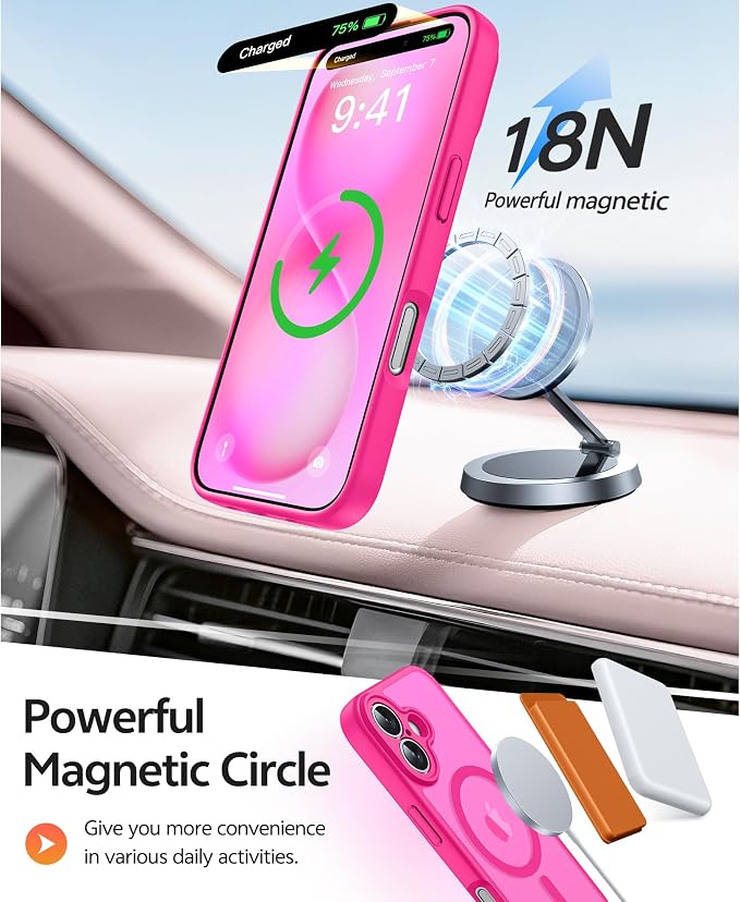 FNTCASE for iPhone 16 Plus Case: [Compatible with Magsafe] Translucent Matte Cases with [Full Camera Protection] [Screen Protector] Military Grade Shockproof Protective Phone Cover - Hot Pink