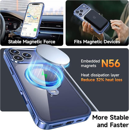 [Tri-Shield Protection] for iPhone 17 Pro Max Case with 360° Spin Stand Compatible with MagSafe [Magnetic CD Ring][Screen & Camera Lens Protector] Shockproof Plating Never-Yellowing, Blue-6.9"