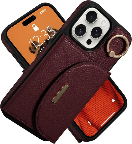 Keallce Wallet Case for iPhone 15 Pro Max 6.7'', Flip Case with Card Slots, Ring Holder Kickstand, PU Leather Protective Folio Cover for Women, Red