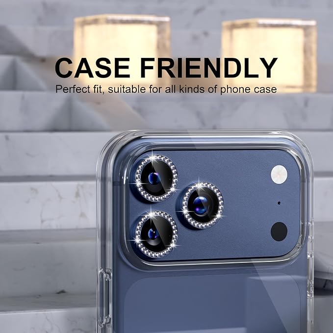 Choiche Compatible for iPhone 17 Pro/iPhone 17 Pro Max Camera Lens Protector Bling, 9H Tempered Glass Camera Cover Screen Protector Metal Ring Decoration Accessories (Diamond-Blue)