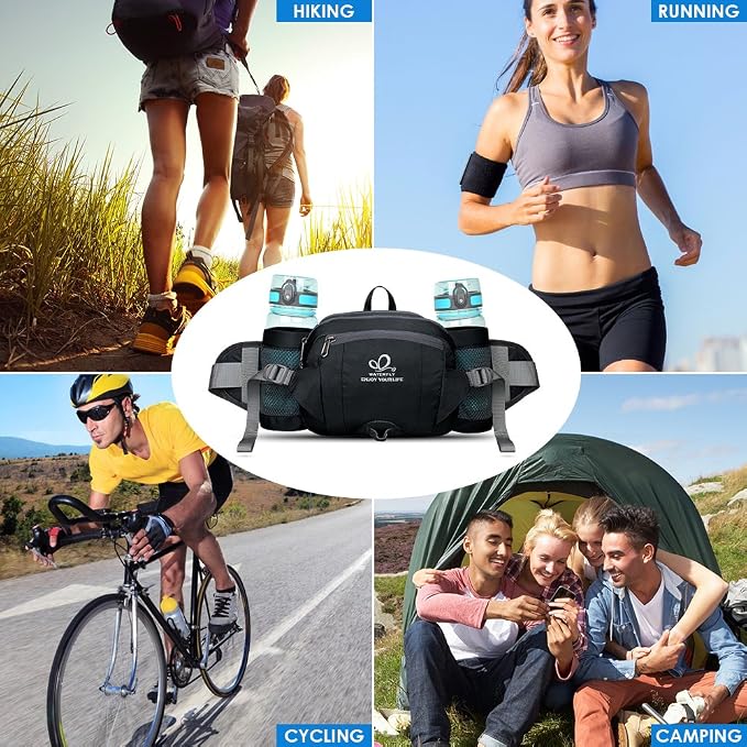 WATERFLY Fanny Pack Waist Bag: Fannie Pack 2 Water Bottle Holders Lumbar Belt Hiking Walking Running Jogging Camping Large Woman Man (Bottle Not Included)