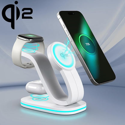 3 in 1 Charging Station for iPhone, Qi2 15W Charger Station Compatible Mag-Safe with iPhone 17 16e 16 15 14 13 12 11 X Pro Max & Apple Watch - Wireless Charging Station for AirPods (White 3 in 1)