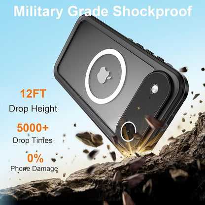 Beasyjoy Magnetic for iPhone Air Case, IP68 Waterproof Shockproof Case, Built-in Screen & Full Body Protection, Heavy Duty Rugged 12 FT Military Dropproof Cover with Lanyard for Outdoor, 6.5’’ Black