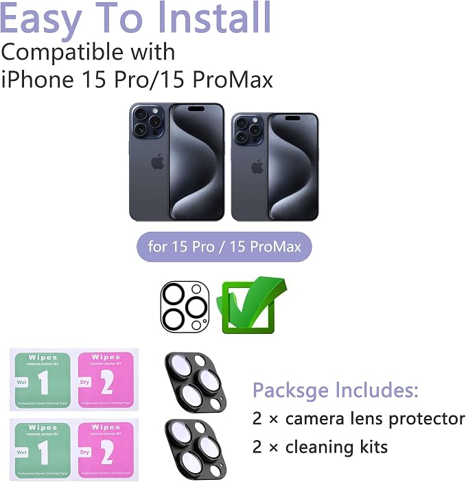 2 Pack Camera Lens Protector for iPhone 15 Pro/15 Pro Max,[Not Easy to Breakn ] AR Tempered Glass Strong Adsorption Metal Camera Cover Screen-Black