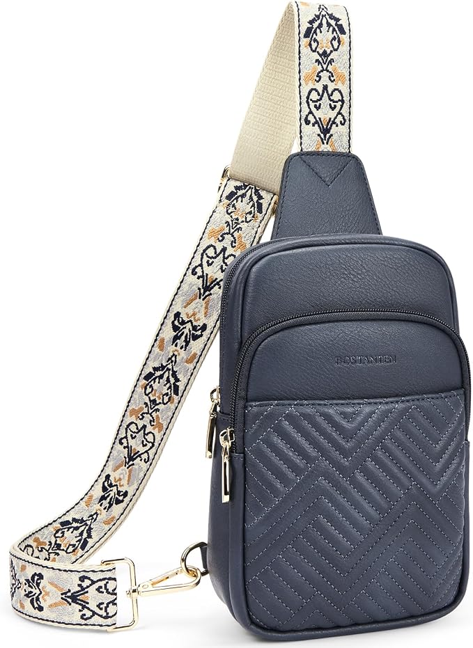 BOSTANTEN Sling Bag Quilted Crossbody Bags for Women Cross Body Purse Leather Fanny Pack with Adjustable Guitar Strap
