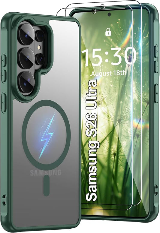 Pilaru for Samsung Galaxy S26 Ultra Case [Compatible with Magsafe] Translucent Matte Magnetic Phone Case,Slim Thin Duty Shockproof Protection Cover with 2pc HD Screen Protector for S26 Ultra-Green