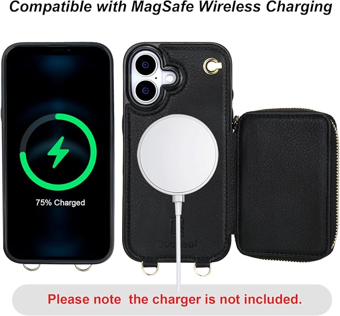 Bocasal for MagSafe Crossbody Wallet Case Compatible with iPhone 17, RFID Blocking Protective Purse Case with Card Slots Holder Kickstand Wrist Strap Lanyard Zipper 6.3 Inch 5G (Black)