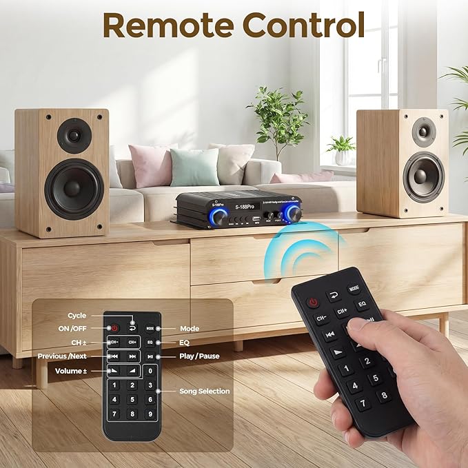 2.1 Channel Stereo Audio Amplifier, 300Wx2+360W Home Audio Bluetooth 5.0 Stereo System with USB/AUX, Remote, Bass Treble & Sub Control, for Active/Passive Subwoofer & Speaker, 12V 5A Adapter