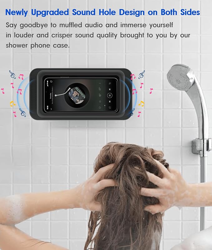 Mistriddle Waterproof Shower Phone Holder with 360° Rotation, Angle Adjustable, Enhanced Sound Quality, Wall Mounted Phone Holder for Bathroom Mirror Bathtub Kitchen, Up to 7 Inch (Black)