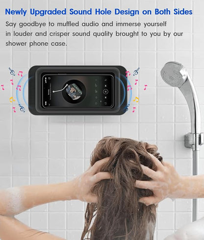 Mistriddle Waterproof Shower Phone Holder with 360° Rotation, Angle Adjustable, Enhanced Sound Quality, Wall Mounted Phone Holder for Bathroom Mirror Bathtub Kitchen, Up to 7 Inch (Black)