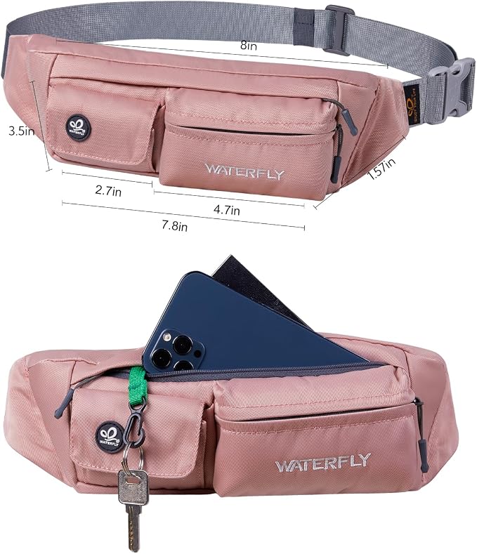 WATERFLY Fanny Pack for Women Men Water Resistant Small Waist Pouch Slim Belt Bag with 4 Pockets for Running Travelling Hiking Walking Lightweight Crossbody Chest Bag Fit All Phones