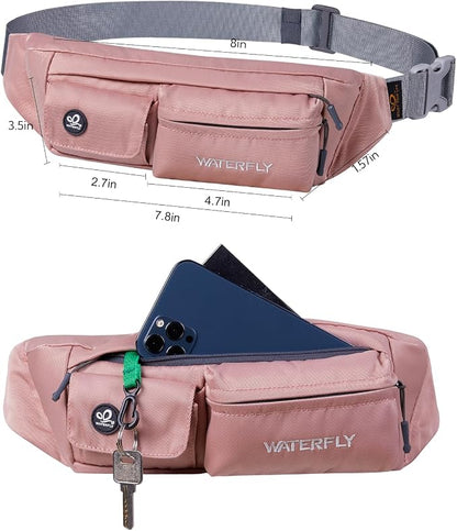 WATERFLY Fanny Pack for Women Men Water Resistant Small Waist Pouch Slim Belt Bag with 4 Pockets for Running Travelling Hiking Walking Lightweight Crossbody Chest Bag Fit All Phones