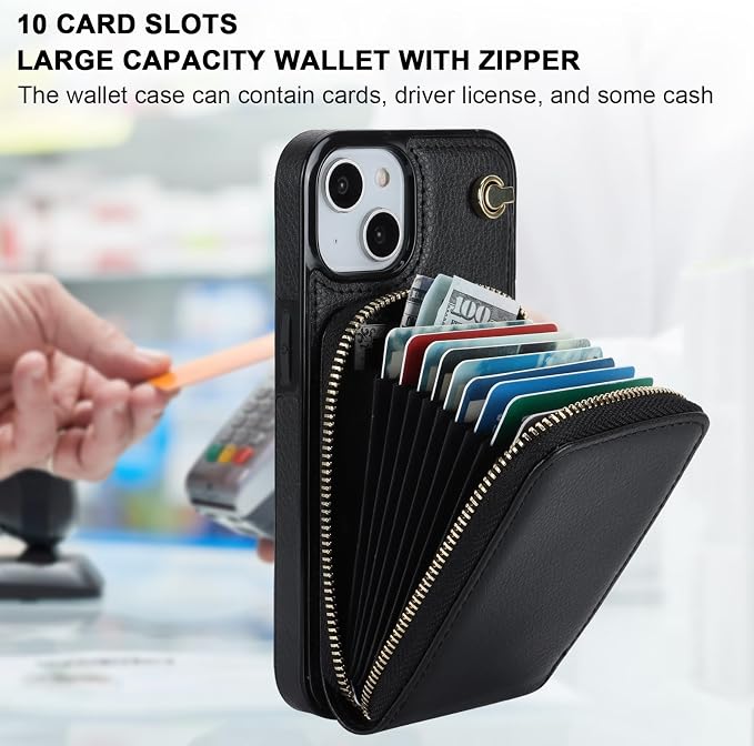 KIHUWEY Crossbody Wallet Case for iPhone 13 iPhone 14, Zipper Pocket Case with Card Holder, PU Leather RFID Blocking Protective Cover Case with Kickstand Detachable Wrist Strap Lanyard 6.1" (Black)
