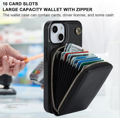 KIHUWEY Crossbody Wallet Case for iPhone 13 iPhone 14, Zipper Pocket Case with Card Holder, PU Leather RFID Blocking Protective Cover Case with Kickstand Detachable Wrist Strap Lanyard 6.1" (Black)